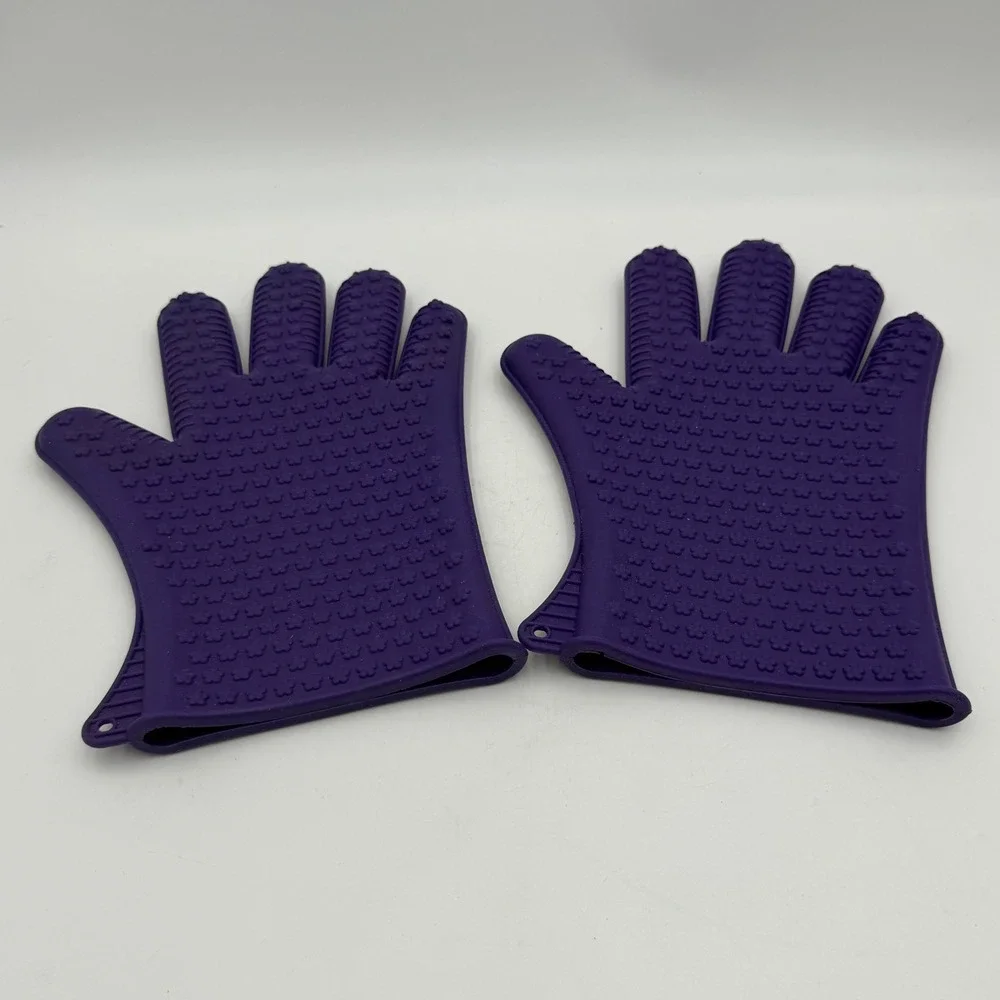 Purple Silicone Heat Resistant Oven Mitts Textured Non Slip Kitchen Gloves Pair